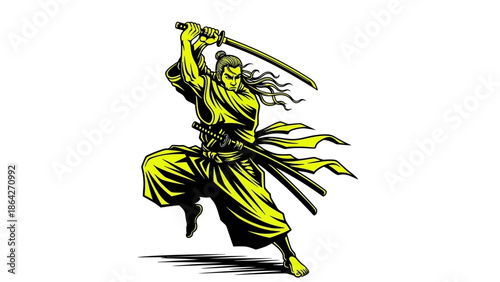 Dynamic samurai warrior in striking pose with sword