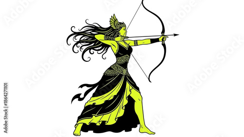 Mythical archer woman in black dress aiming bow and arrow