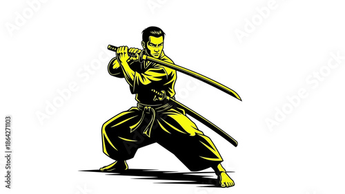 Ninja warrior poised with sword in striking stance