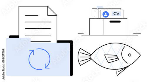 File management. CV storage and document recycling in an abstract concept. Exhibits organization, file usage, and symbolic communication. For HR, recycling, data organization, and resource management