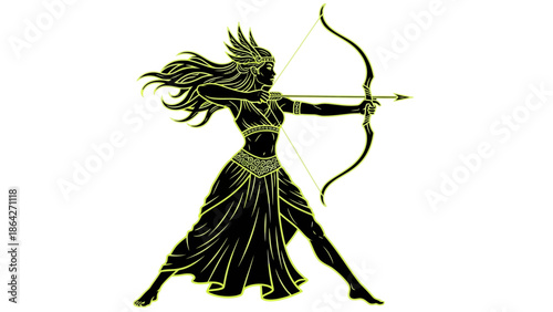 Mythical archer woman in action with bow and arrow