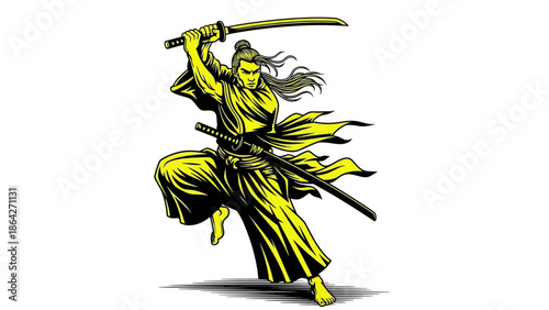 Samurai warrior poised with sword in dynamic fighting stance