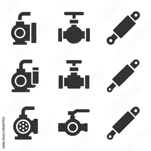 Industrial pumps and valves set: icons of machinery components.
