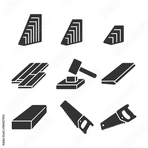Carpentry tools and lumber icons set for woodworking projects.