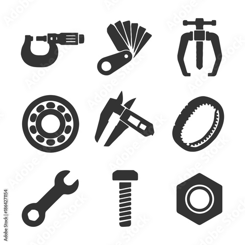 Collection of engineering tools and mechanical components in black icons.