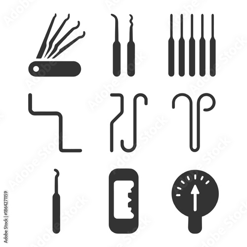 Lock picking tools set: picks, tension wrenches, and key extractors collection.