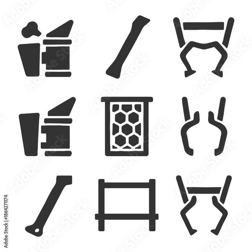 Industrial equipment icons set featuring cranes, tools, and safety gear.
