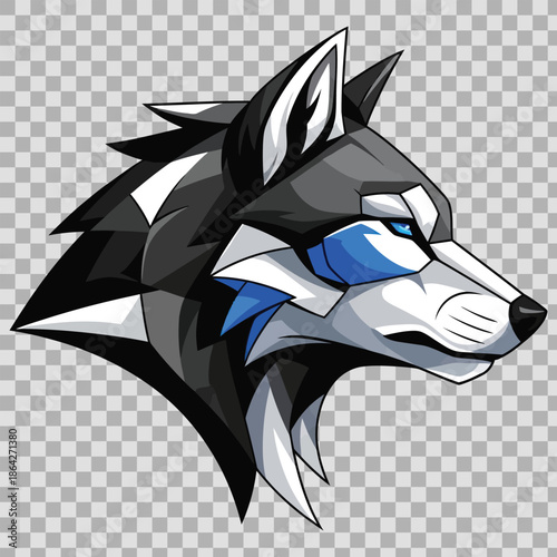 A stylized cartoon wolf head with blue eyes and spiky fur on a transparent background