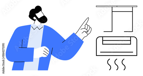 HVAC systems, energy efficiency, temperature regulation, office climate, heating solutions, modern technology. Man pointing at an air conditioner emitting heat waves. HVAC systems and energy