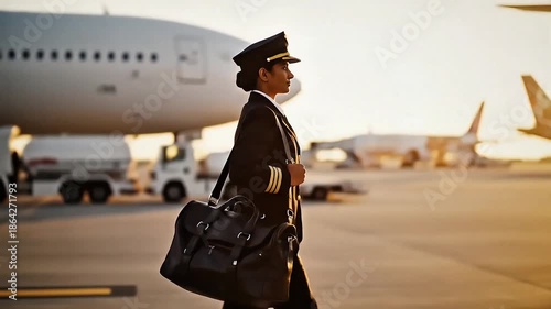 A female pilot in uniform walks across an airport tarmac with a duffel bag, ready for her flight.