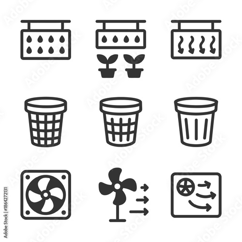 Set of plant growth, recycle bin, and fan icons for environmental and mechanical use.