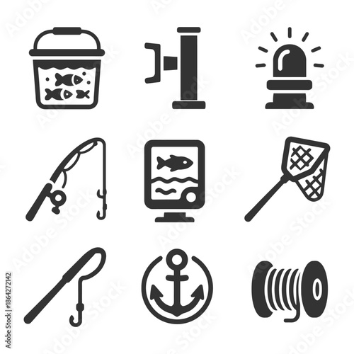 Fishing equipment icons: rod, reel, bucket, alarm, net, hook, anchor, line.