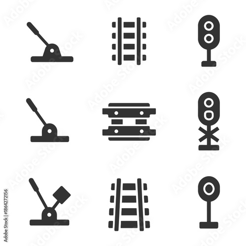 Railway signal icons set: lever, railroad tracks, traffic lights.