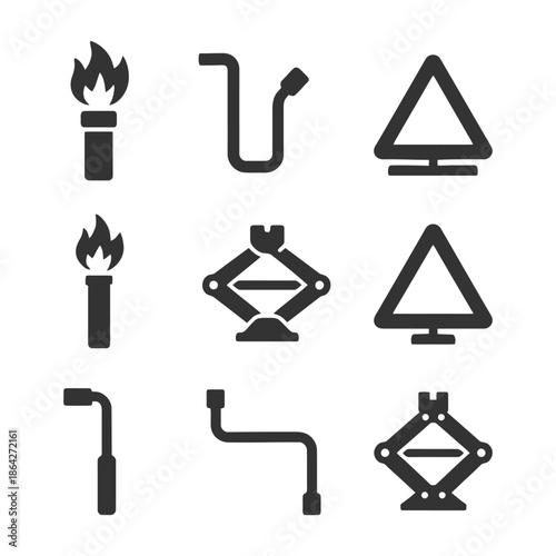 Car emergency tools icons set with torch and jack symbols.