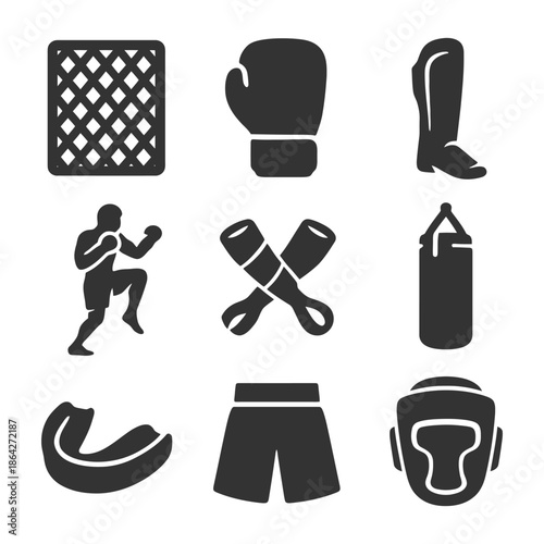 Boxing and mma icon set: gear and equipment silhouettes.