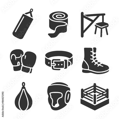 Boxing equipment icon set: gloves, punching bag, ring, shoes, headgear.