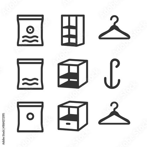 Minimalist home storage icons: organizers, hangers, and hooks.