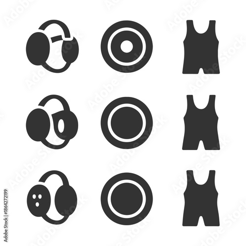 Wrestling icons set: protective gear and outfits in black.