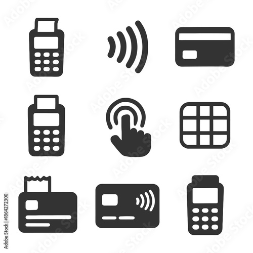 Contactless payment icons: terminals, cards, nfc, tap, touchscreen.