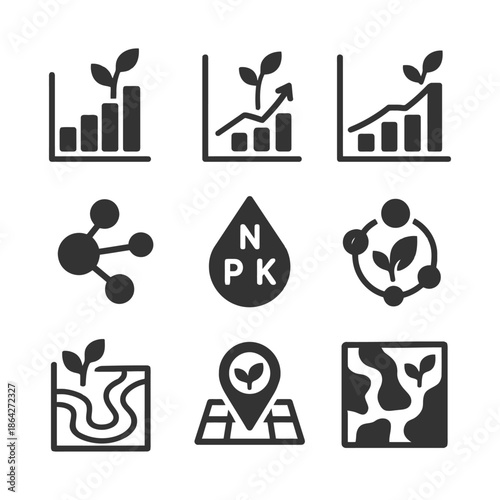 Icons illustrating sustainable farming with growth charts and nature elements.