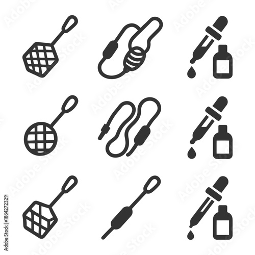 Black and white icon set of kitchen tools and dropper with bottle.