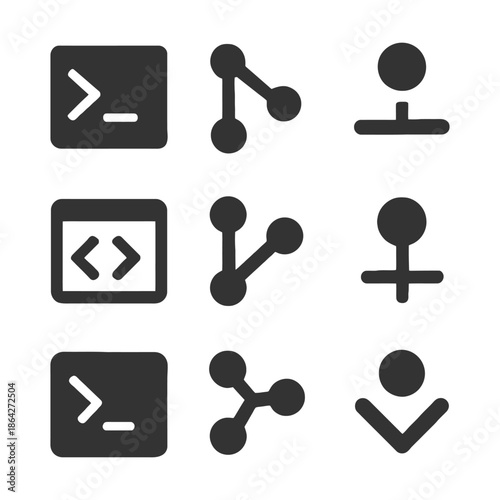 Code development and version control icons in black and white flat style.