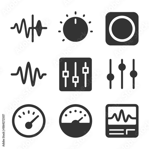 Audio control icons: sound waves, volume knobs, equalizers, meters, and monitor display.