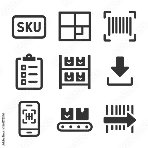Inventory and barcode icons: warehouse management and stock control symbols.