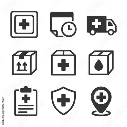 Set of nine medical icons including ambulance, first aid, and health symbols.