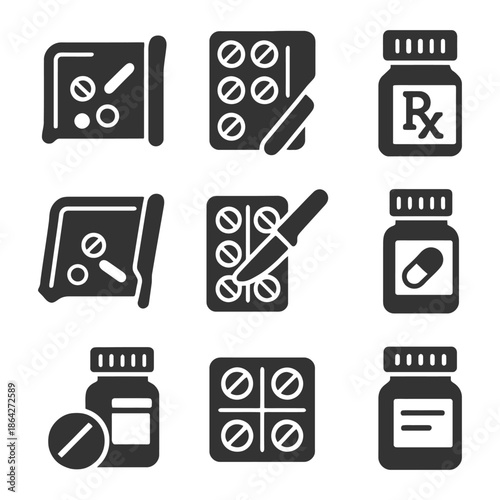 Black and white pharmacy icons: pill bottles, tablets, packaging.