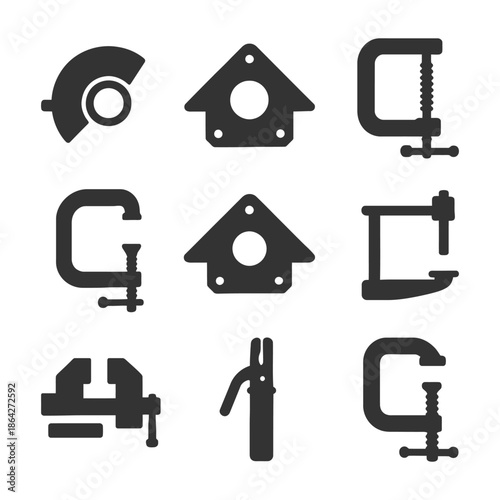 Silhouette icons of clamps and industrial tools in various shapes.
