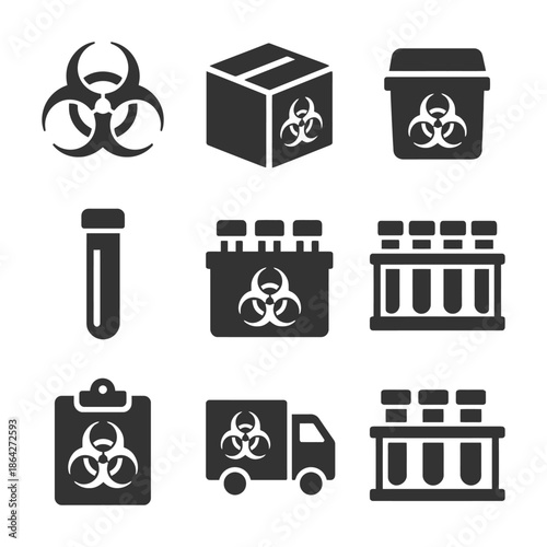 Biohazard symbols on containers and transport truck vector icons.