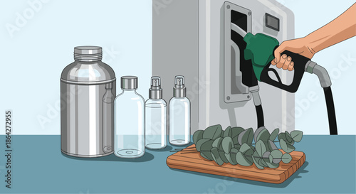 Hand holding a gas pump nozzle at a modern biofuel station next to glass bottles and a wooden tray with eucalyptus leaves.