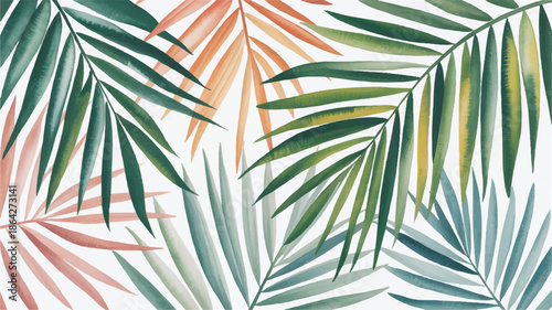 Tropical palm leaves in various shades of green and orange on white