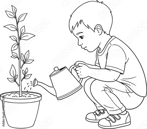 Child watering plant, nurturing nature, environmental care, gardening activity, young gardener, potted plant growth, eco-friendly lifestyle, soil hydration, green education