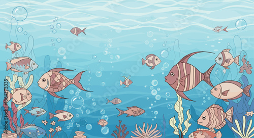 Vibrant underwater world filled with colorful tropical fish swimming among coral reefs and swaying green seaweed on the seabed.