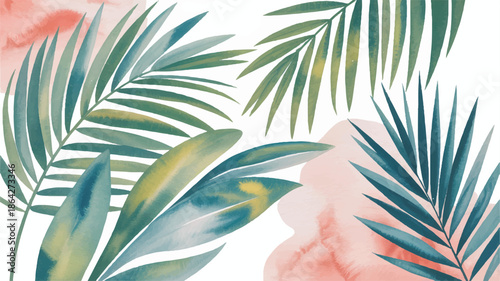 Tropical palm leaves on white background with pink watercolor spots