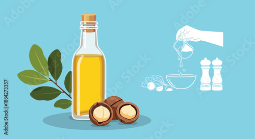 Clear bottle of golden macadamia oil surrounded by whole nuts and a culinary graphic showing salad dressing preparation.