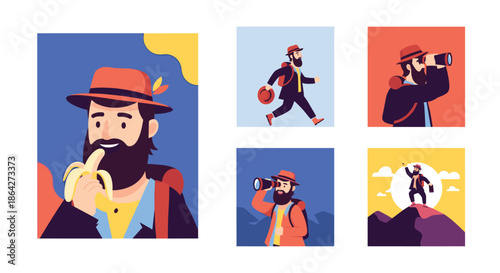 Set of illustrations featuring a bearded adventurer with a hat enjoying various activities like hiking and eating a banana.