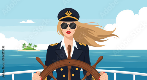 Confident female ship captain in uniform standing at the wooden steering wheel while navigating through the blue ocean waters.