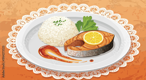 Perfectly grilled salmon steak served with a side of white rice, fresh greens, a lemon slice, and a splash of savory sauce.