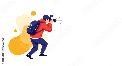 Professional male photographer with a blue backpack captured in a dynamic pose while taking photos with a high quality digital camera.