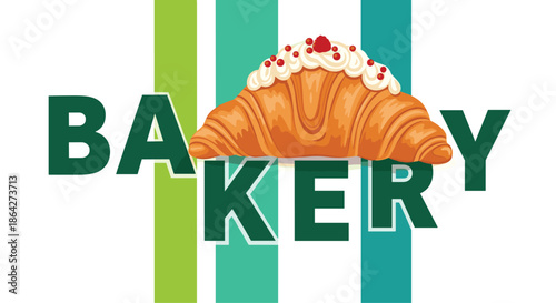 Stylish bakery logo featuring a golden brown croissant topped with whipped cream and red berries against a striped teal and green background.