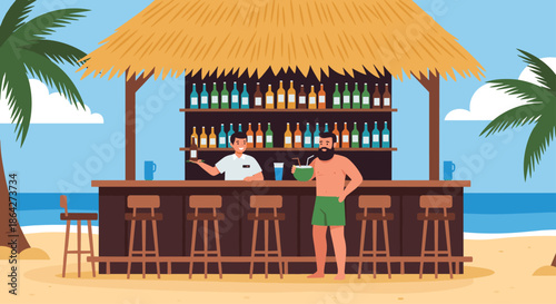 Relaxing scene at a tropical beach bar where a bartender serves a man in green shorts enjoying a refreshing drink from a green coconut.