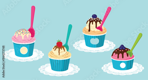 Set of four colorful dessert cups featuring different flavors of ice cream or yogurt topped with fruit, chocolate syrup, and sprinkles.