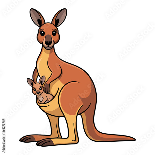 A playful kangaroo mother lovingly holds her baby joey inside her pouch, standing tall and showcasing the natural beauty of Australian wildlife in vibrant colors