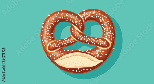Large traditional salted pretzel with a golden brown crust isolated on a bright teal background with a soft shadow effect.