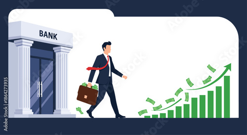 Ambitious businessman walking from a bank building with a briefcase overflowing with cash towards a green financial growth chart.
