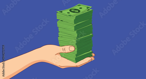 Human hand holding a very large stack of green hundred dollar bills representing wealth, profit, and financial success on a blue background.