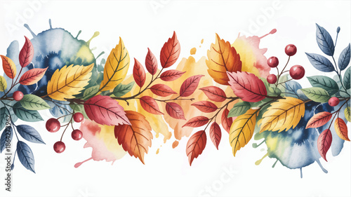 Watercolor autumn leaves and berries on white background